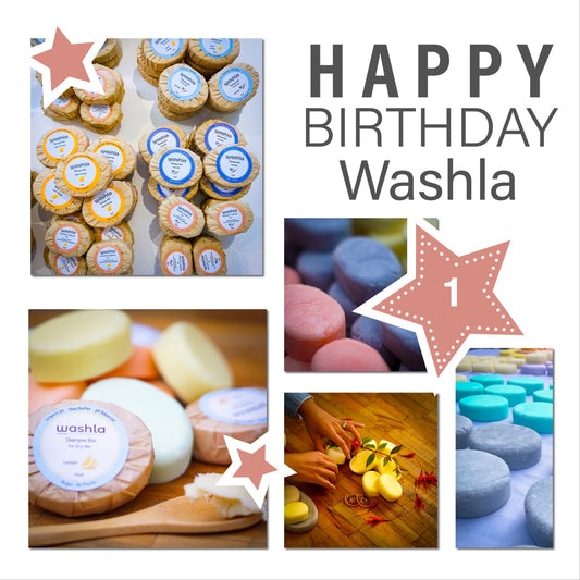 Collection of shampoo bars with Happy Birthday Washla in text