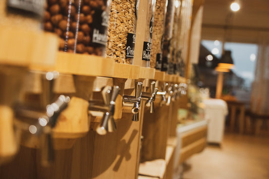 A collection of refillable cereals and nuts from an eco shop