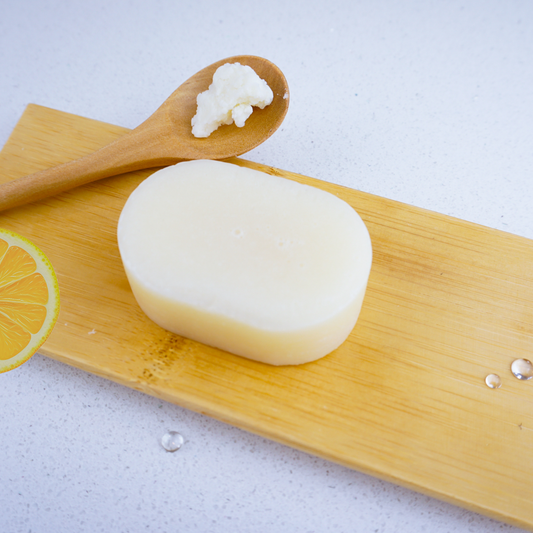 Washla Lemon Conditioner Bar on bamboo tray