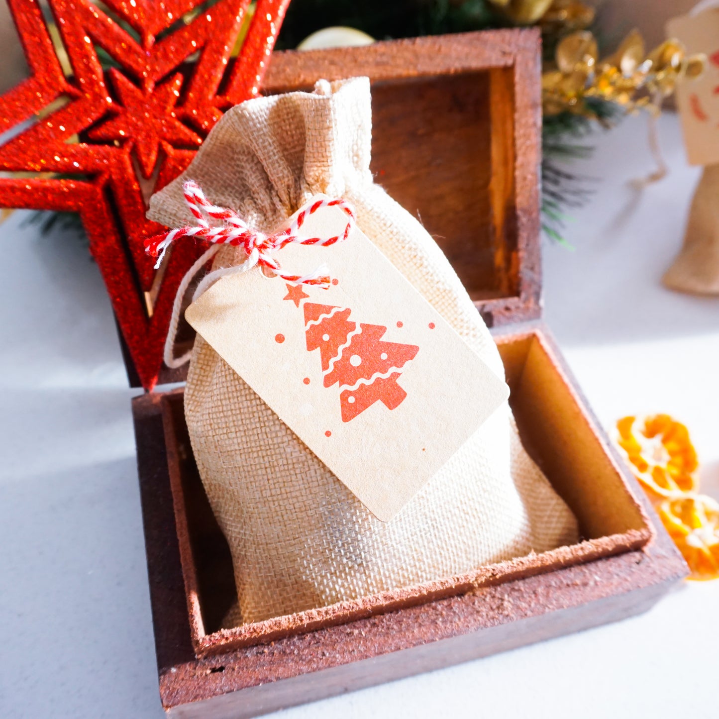 Christmas themed organza bag containing shampoo and conditioner bar