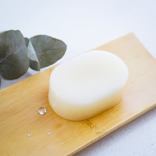 eucalyptus conditioner bar with eucalyptus plant behind