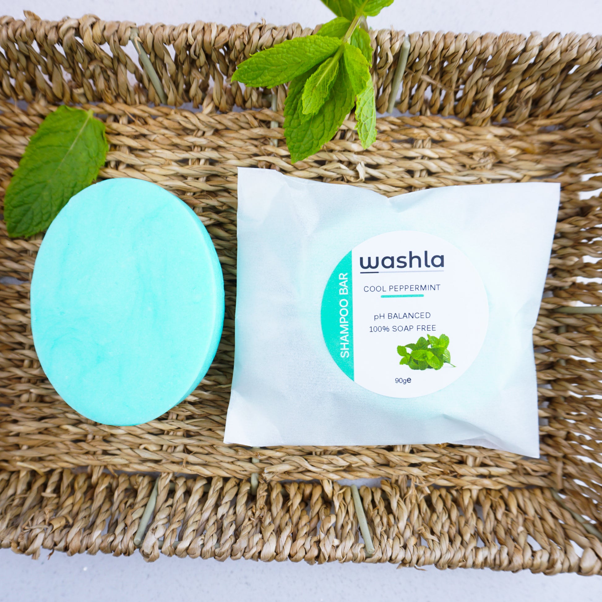 Washla 90g Peppermint Shampoo Bar wrapped in hamper basket