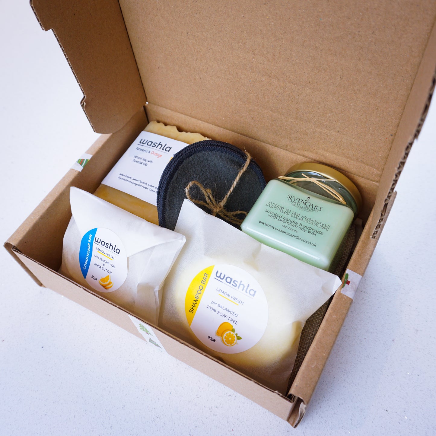 Washla Gift Set - Lemon shampoo and conditioner bars, sweet orange soap, candle, reusable wipes in a gift box