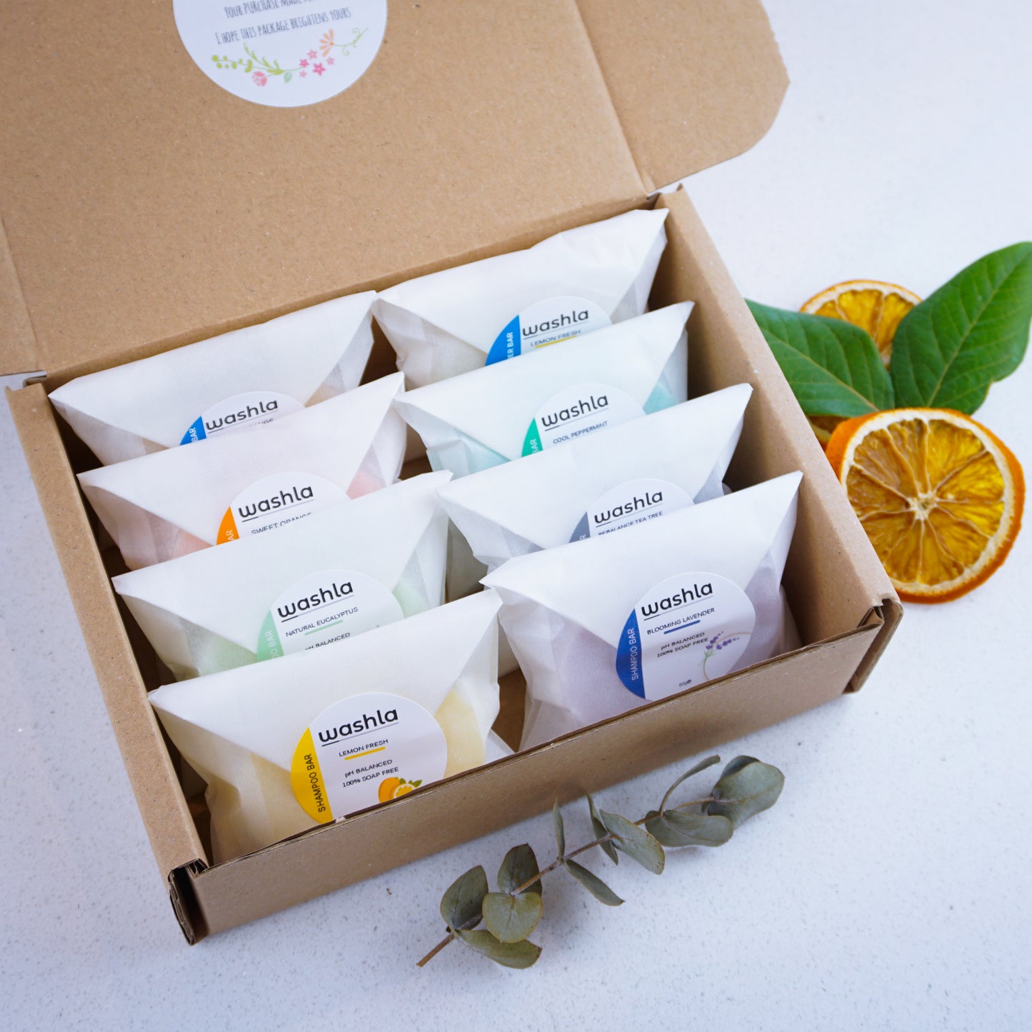 6 shampoo bars and 2 conditioner bars in a box