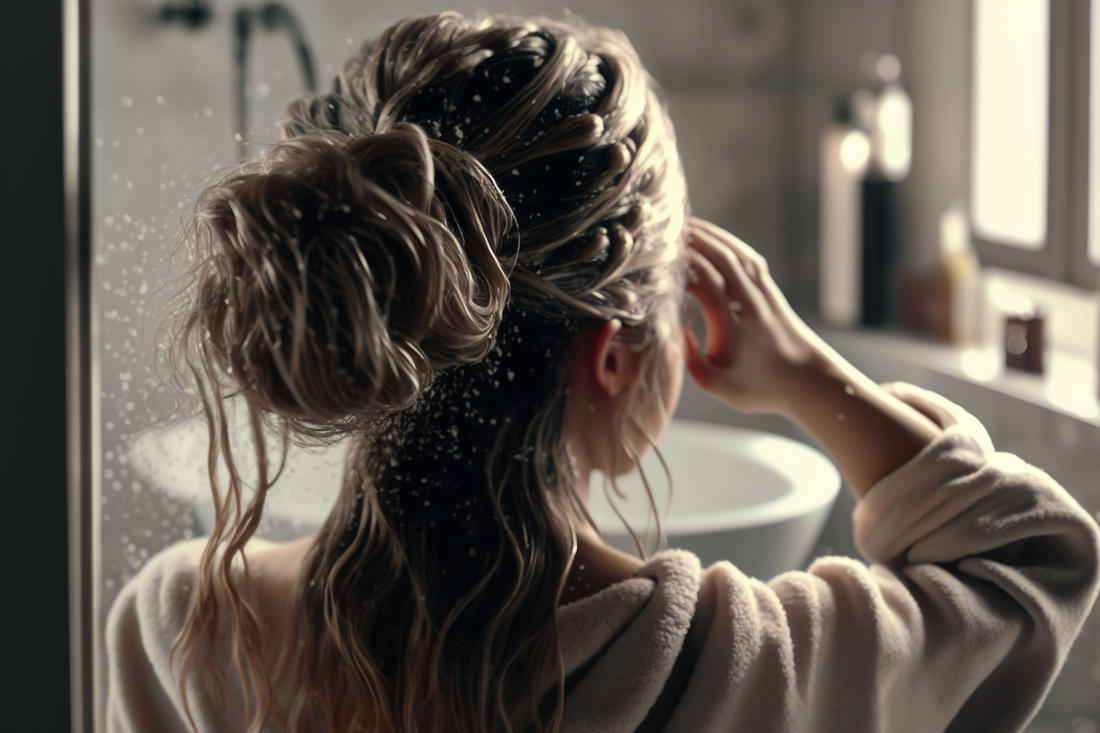 A woman in the bathroom washing her hair with a shampoo bar
