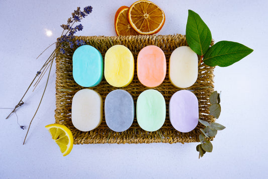 Shampoo bars of different scents arrange in a basket