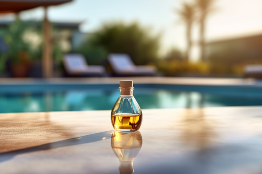 small bottle of tea tree essential oil, a swimming pool in the background