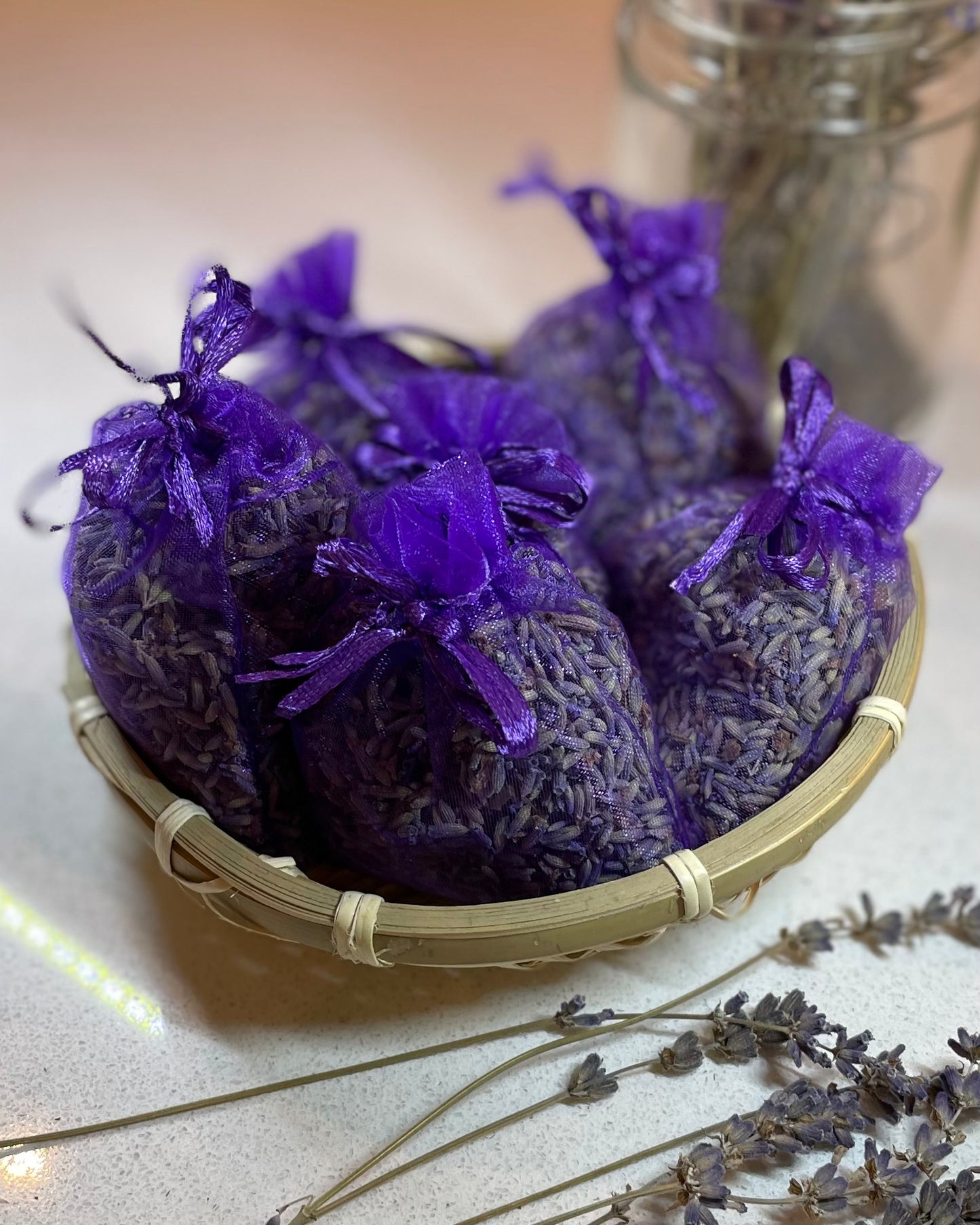 Beautifully arranged lavender pouches. Handmade and grown in family allotment. 