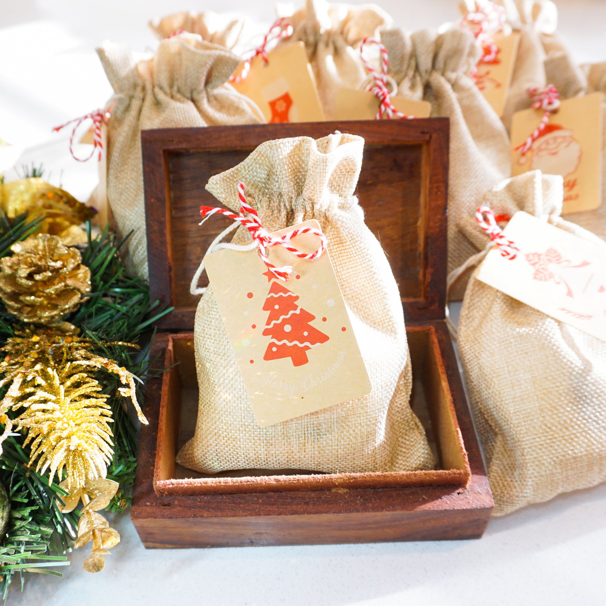 Gold organza bag containing Washla shampoo and conditioner set. Sits in a wooden box next to a wreath.