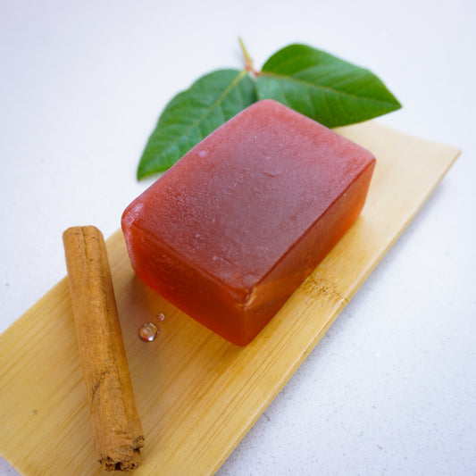 Honey vanilla and cinnamon soap bar with a stick of cinnamon to the side