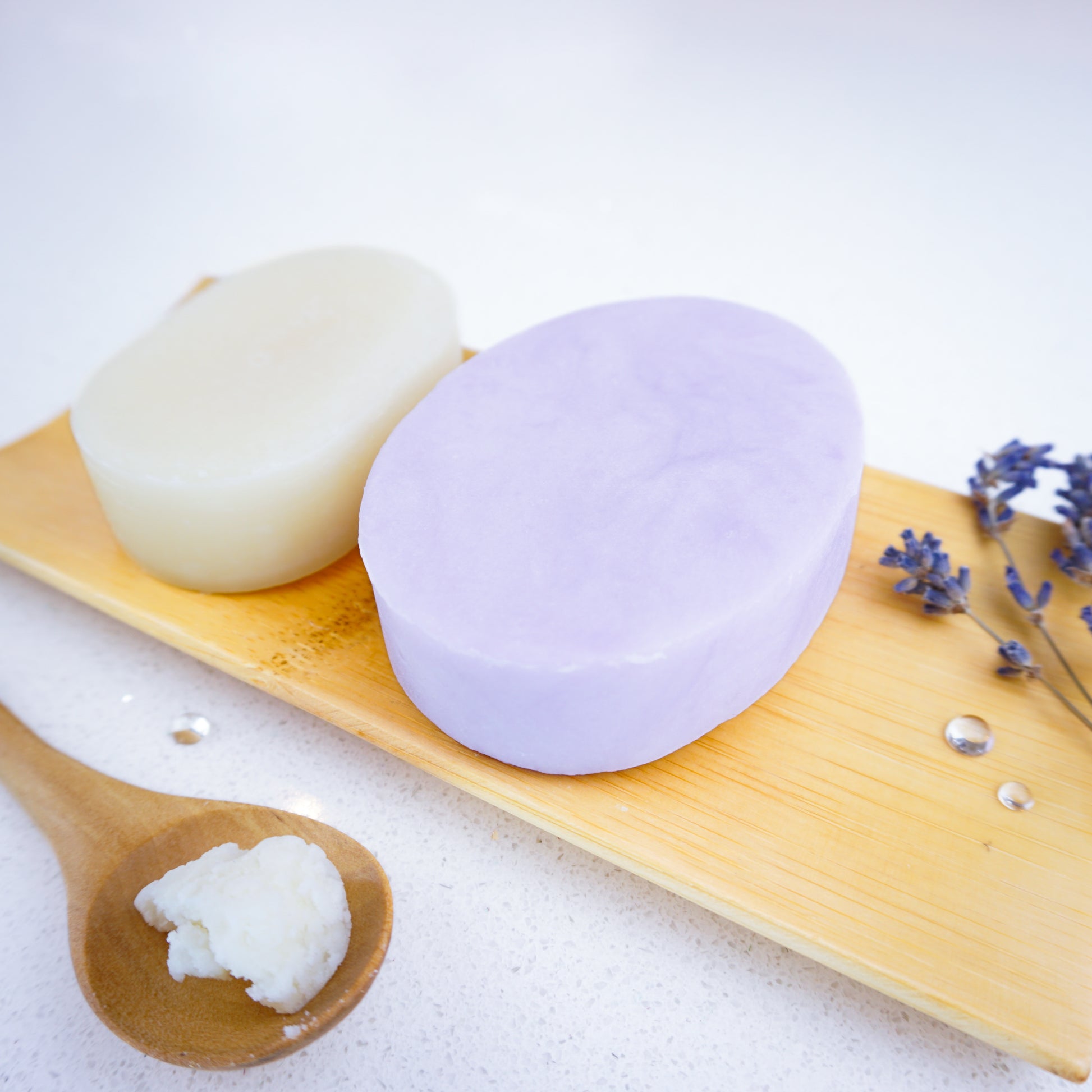 Lavender hydrating shampoo and conditioner bars with added shea butter
