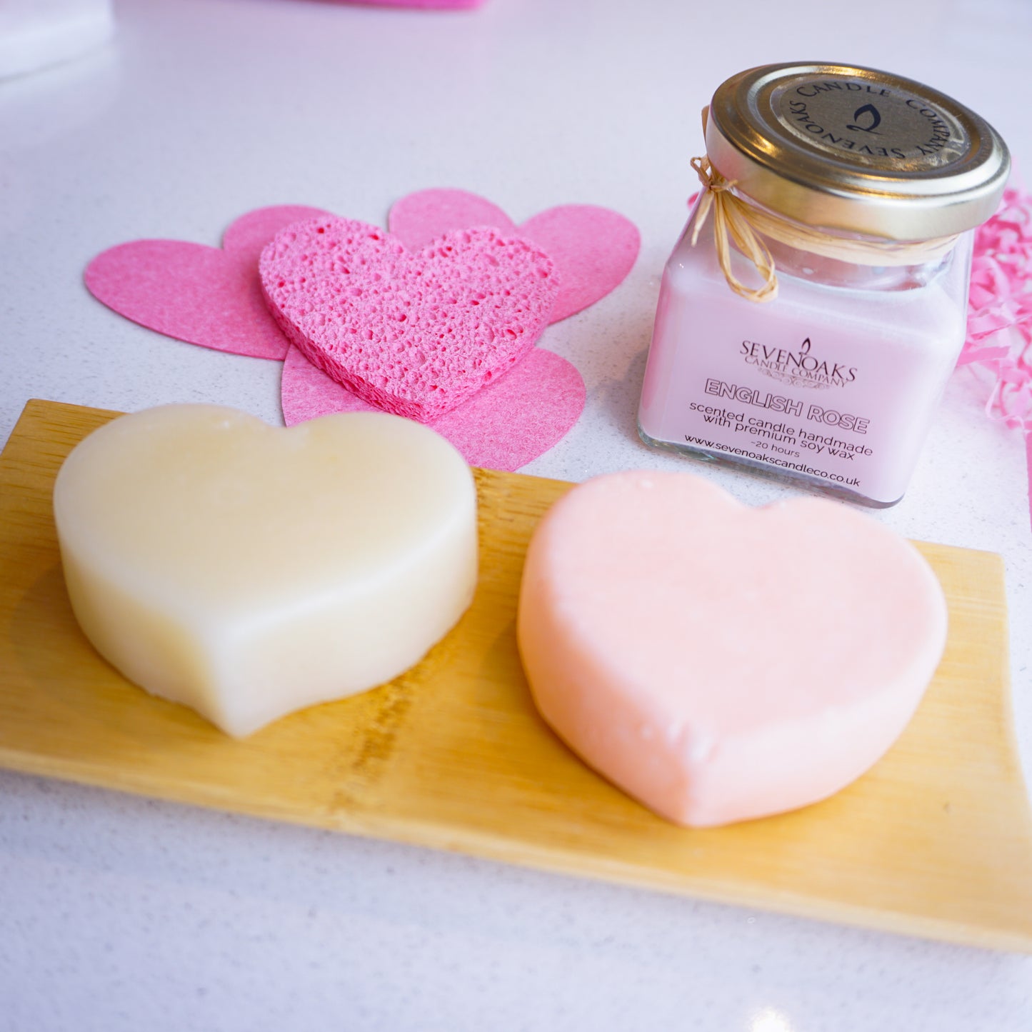 Shampoo and conditioner Valentines gift set with a scented candle