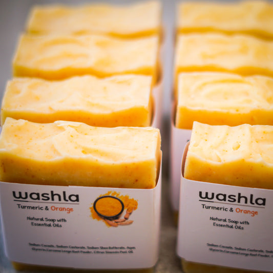 Washla's Turmeric Soap bars lined up in 2 rows