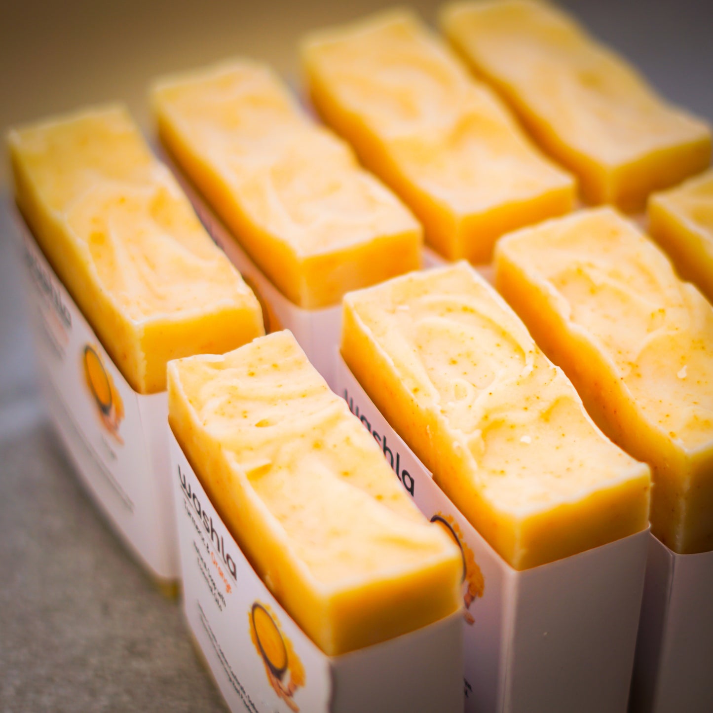 8 Turmeric soap bars stacked neatly together